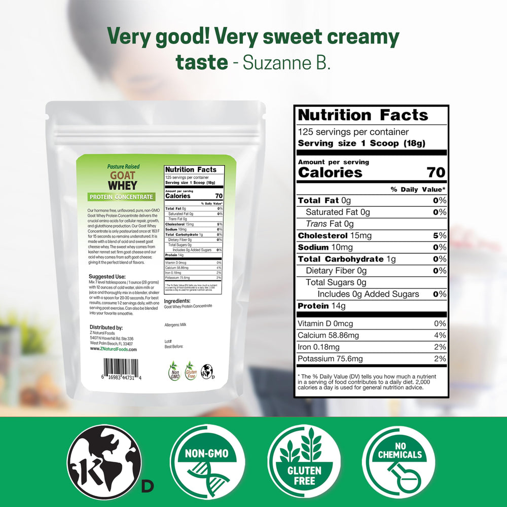Z Natural Foods Goat Whey Protein Powder scoop showing pure powder ideal for shakes