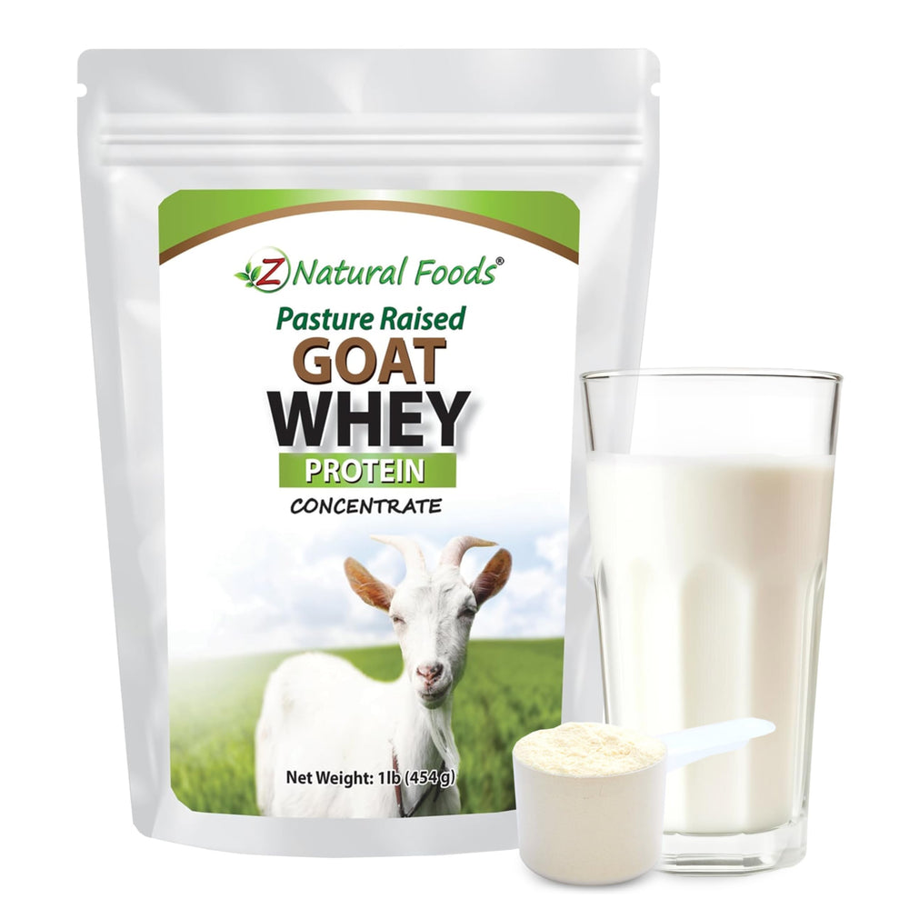 Z Natural Foods Goat Whey Protein Powder undenatured bottle pour for clean protein on the go.