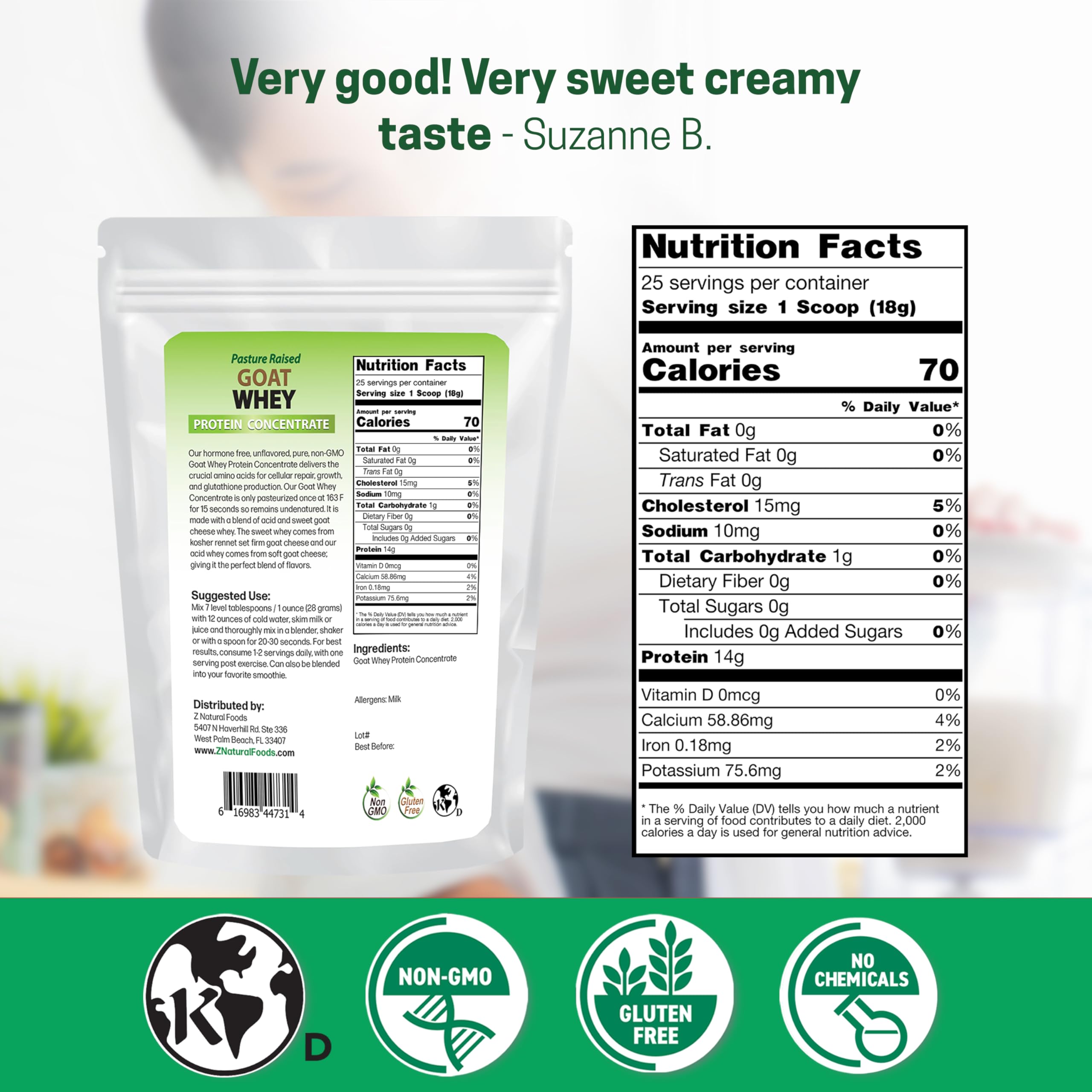 Z Natural Foods Goat Whey Protein Powder unflavored scoop for easy daily protein boost.