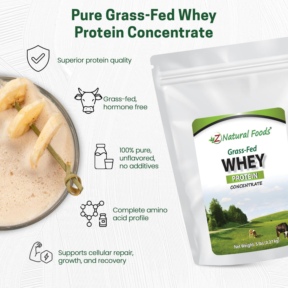 Z Natural Foods Grass-Fed Whey ingredients panel emphasizes a single-ingredient protein