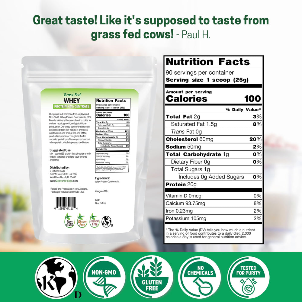 Z Natural Foods Grass-Fed Whey scoop highlights convenient high-protein servings for workouts
