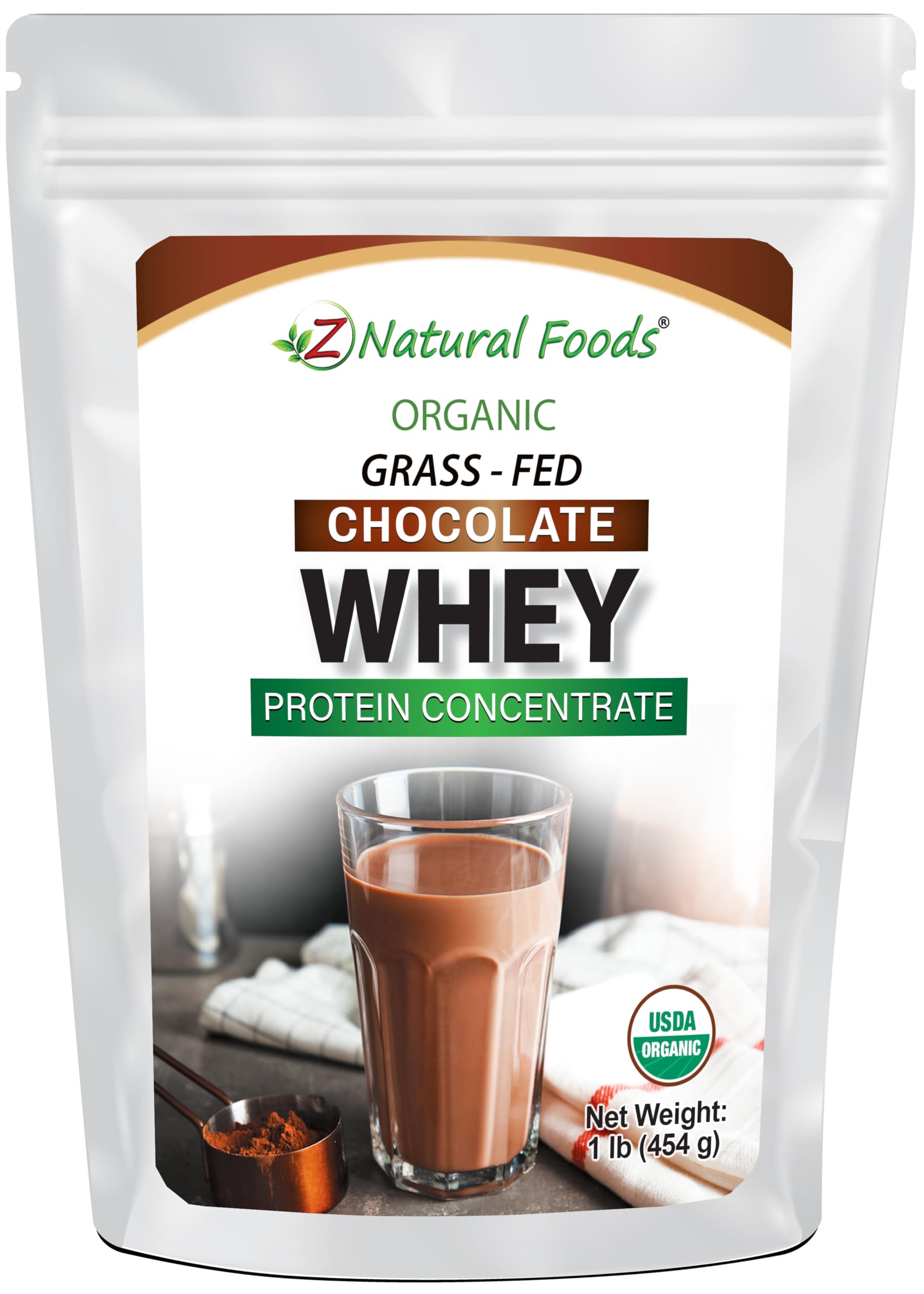 Z Natural Foods organic chocolate whey protein powder jar—clean ingredients suitable for post-workout recovery.