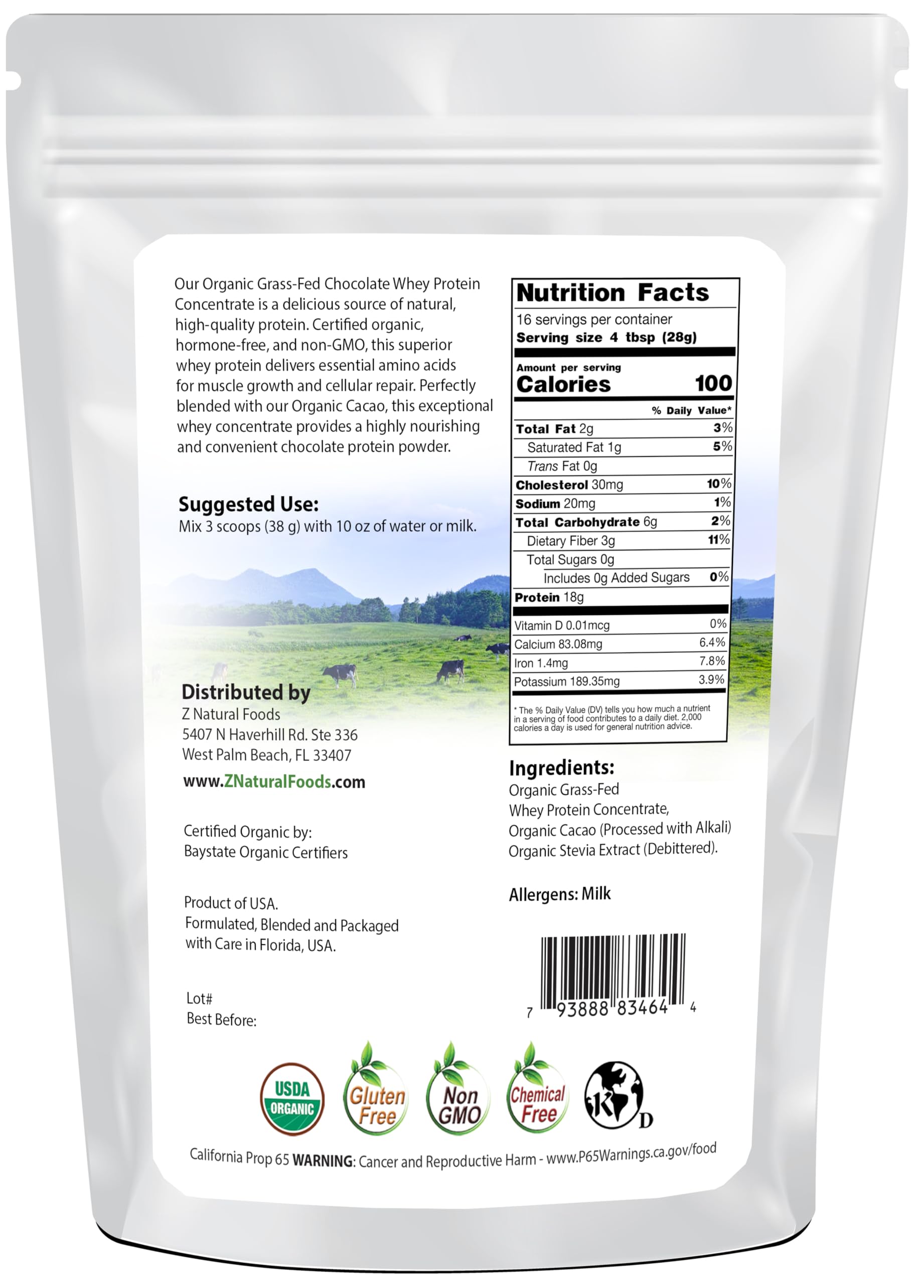 Z Natural Foods chocolate whey protein shake served—delicious post-workout nutrition with stevia sweetness.