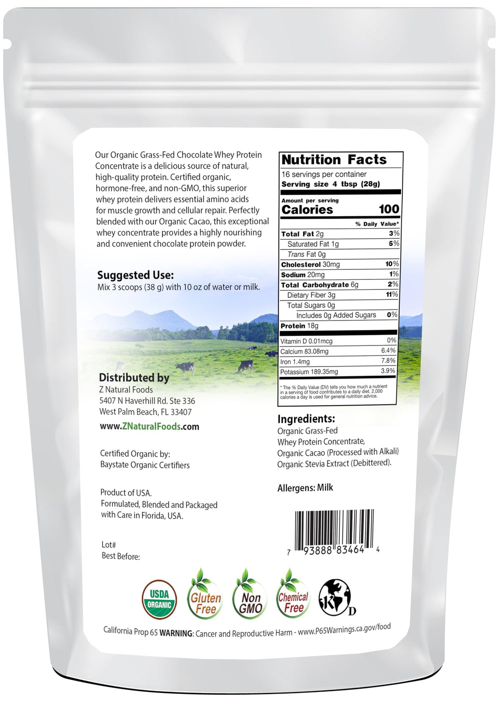 Z Natural Foods chocolate whey protein shake served—delicious post-workout nutrition with stevia sweetness.