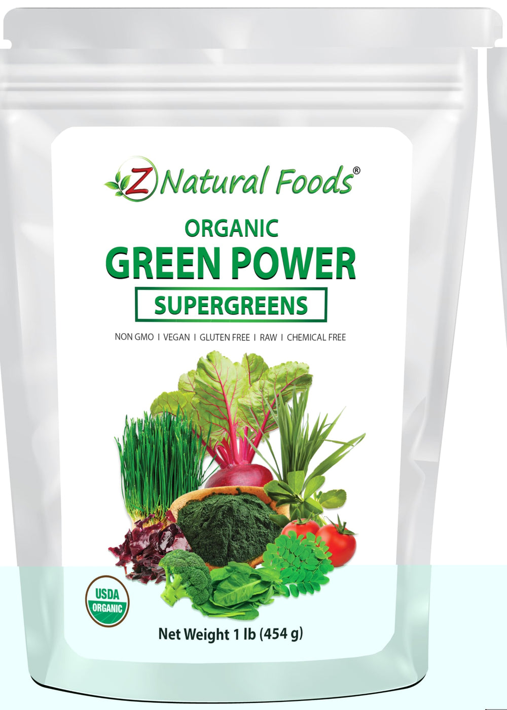 Z Natural Foods greens powder bottle poured into a glass for a quick daily greens boost.