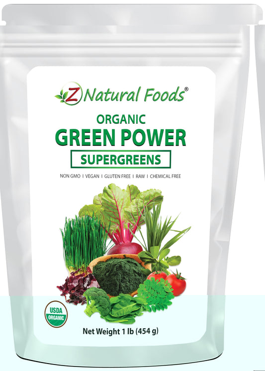 Z Natural Foods greens powder bottle poured into a glass for a quick daily greens boost.