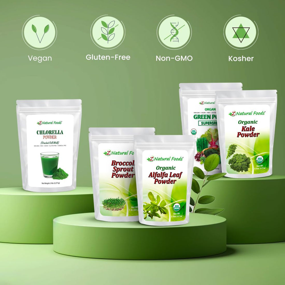 Z Natural Foods blend featuring barley grass, wheatgrass, spirulina for nutrient density.