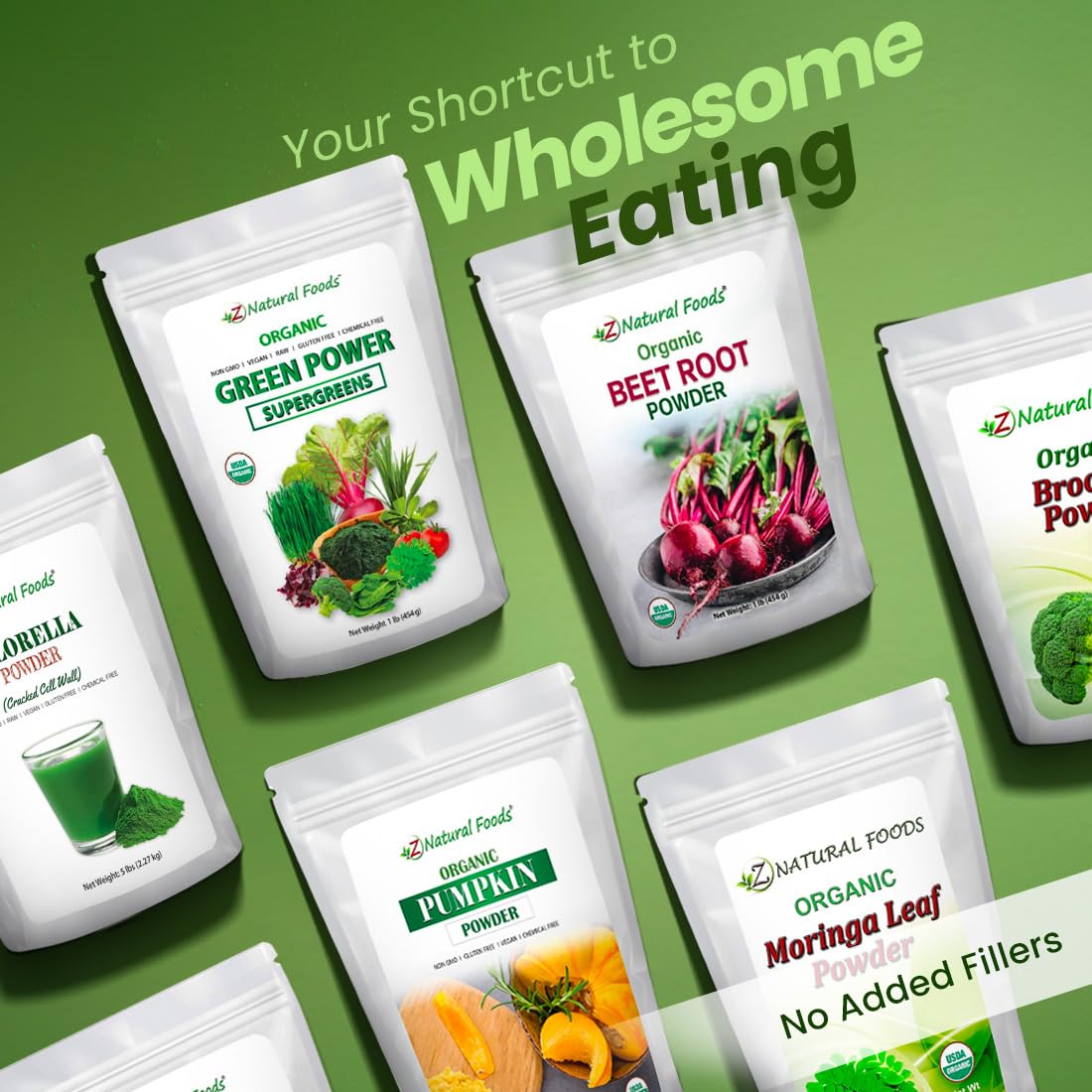 Close-up of Z Natural Foods greens powder showing texture for an easy morning health boost.