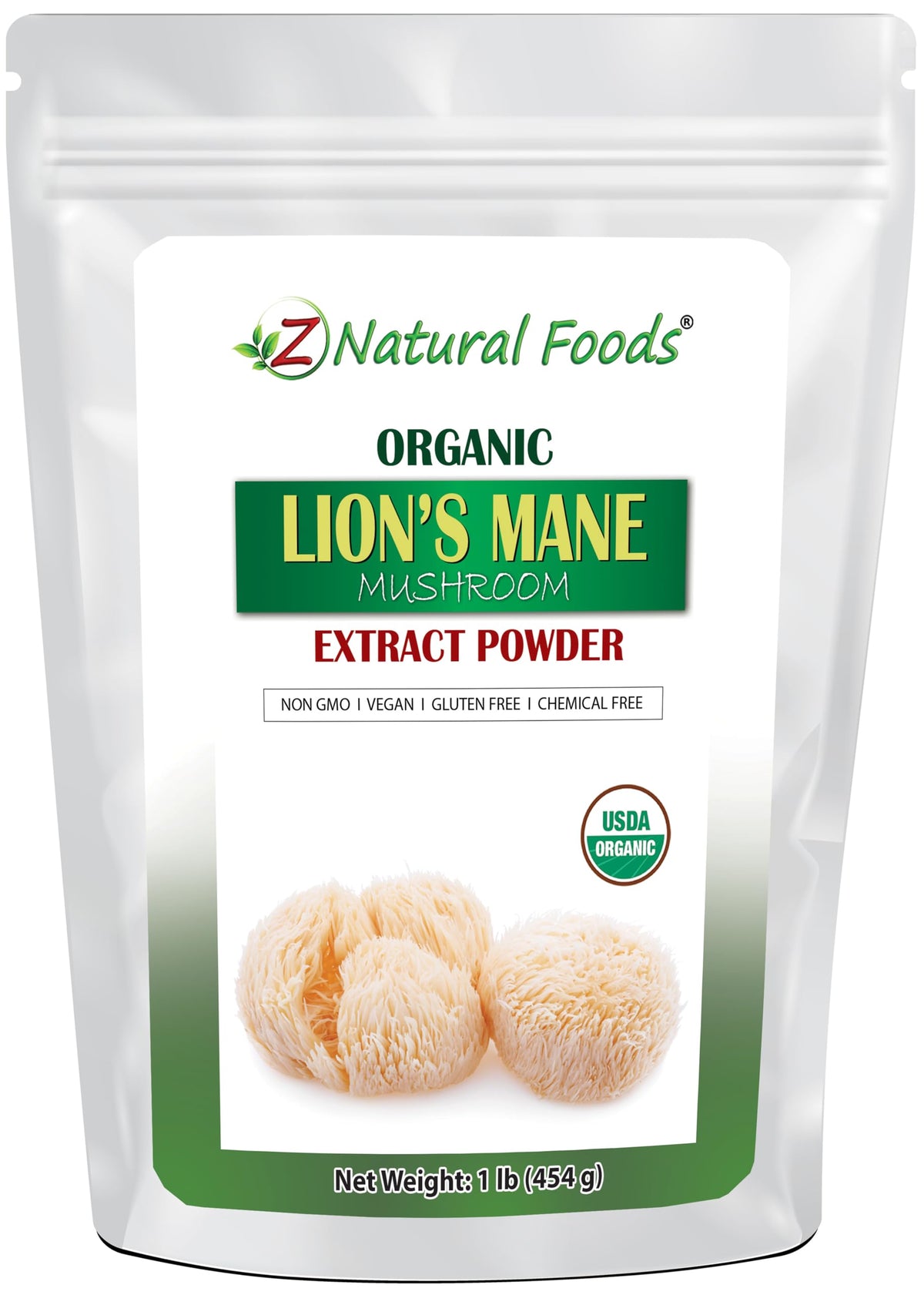 Z Natural Foods Lions Mane powder bottle, gluten-free and vegan supplement for smoothies.