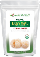 Z Natural Foods Lions Mane powder bottle, gluten-free and vegan supplement for smoothies.