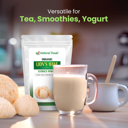 Z Natural Foods Lions Mane powder closeup, rich nutrients ideal for morning beverages.