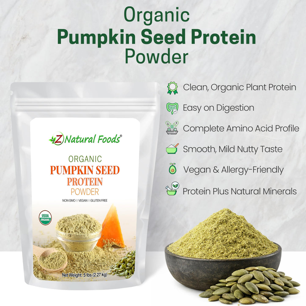 Z Natural Foods Organic Pumpkin Seed Protein Powder ingredients closeup, organic, preservative-free formula