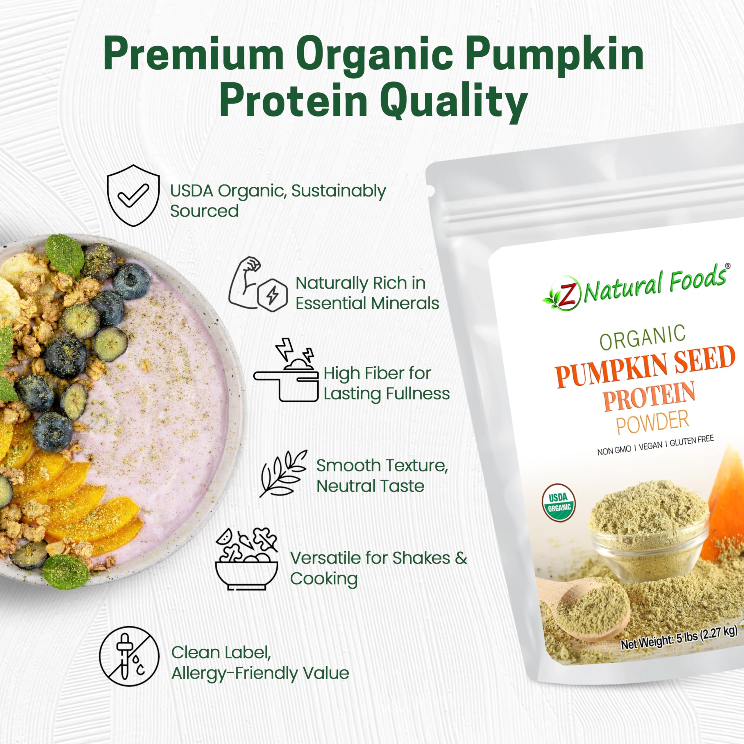 Z Natural Foods Organic Pumpkin Seed Protein Powder measuring scoop, easy portion control for smoothies