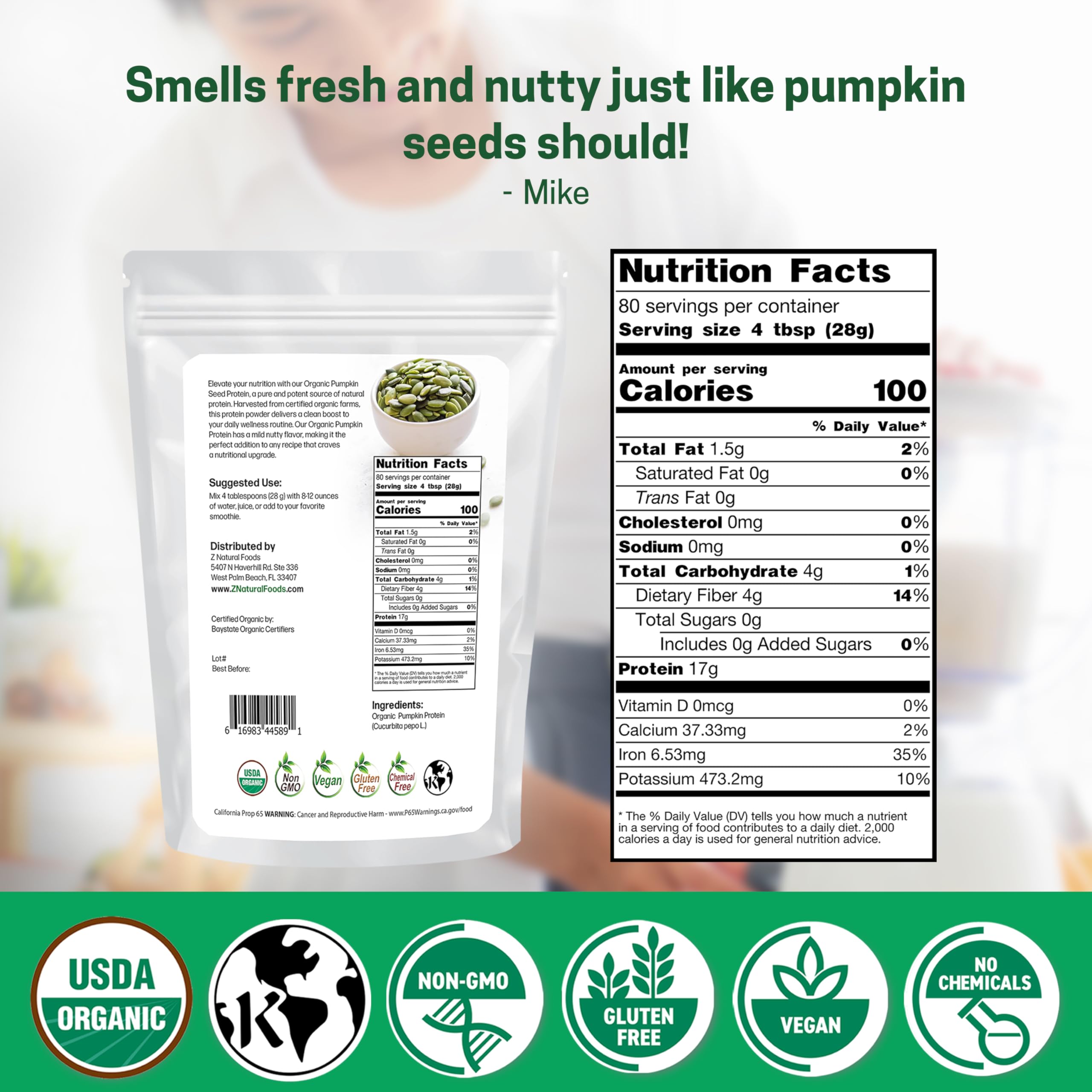 Z Natural Foods Organic Pumpkin Seed Protein Powder side bottle, convenient daily protein source