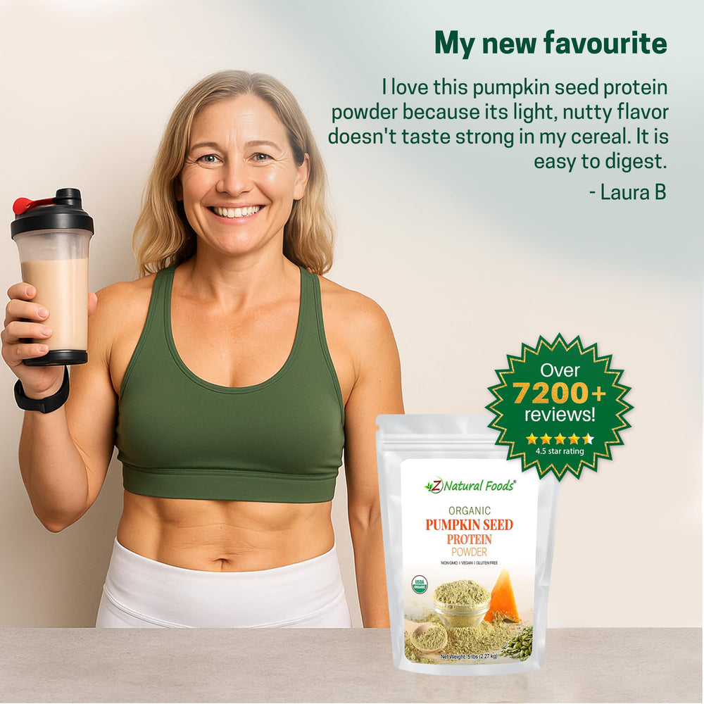 Z Natural Foods Organic Pumpkin Seed Protein Powder storage container, long shelf life and easy access
