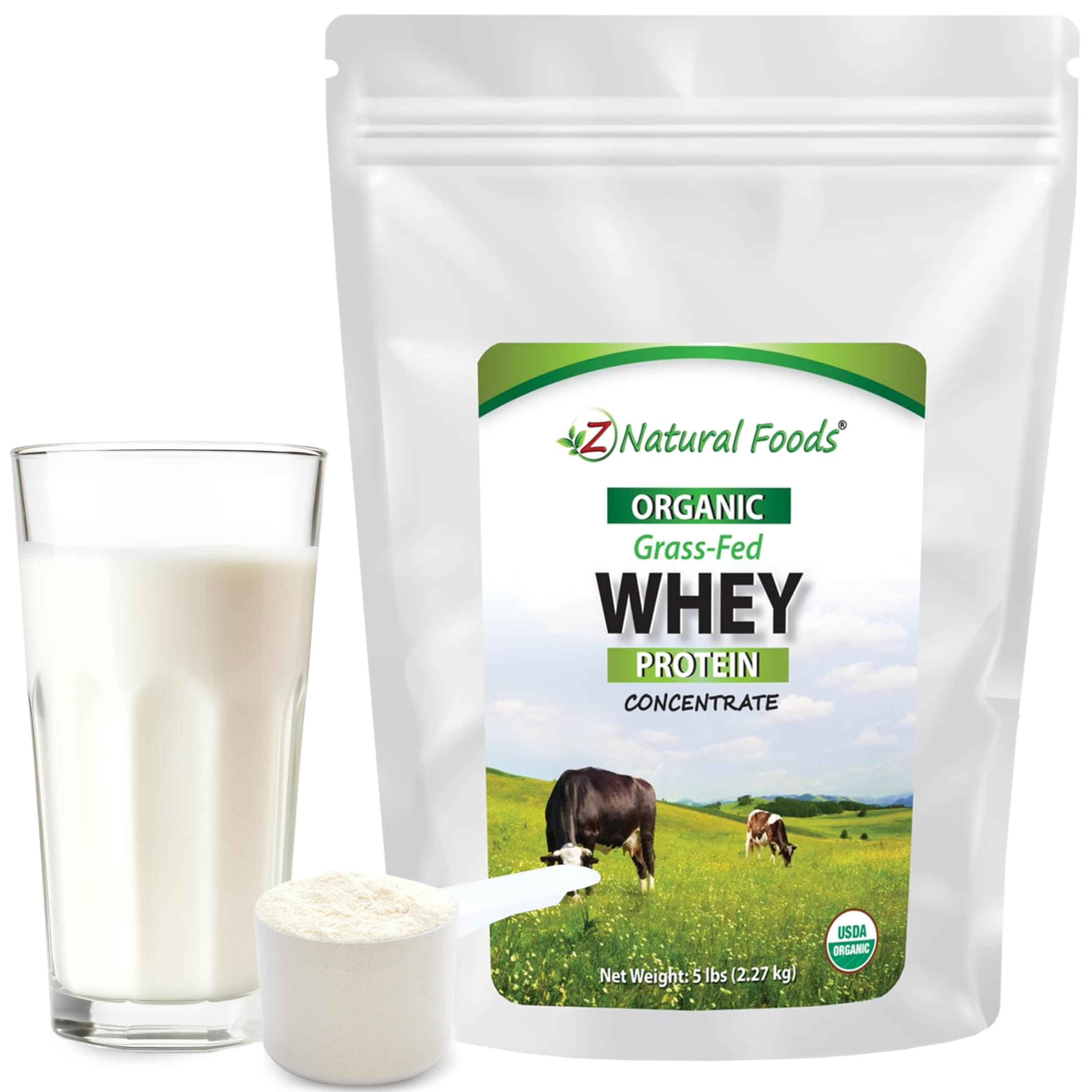 Z Natural Foods organic whey protein bottle with scoop for post-workout shakes