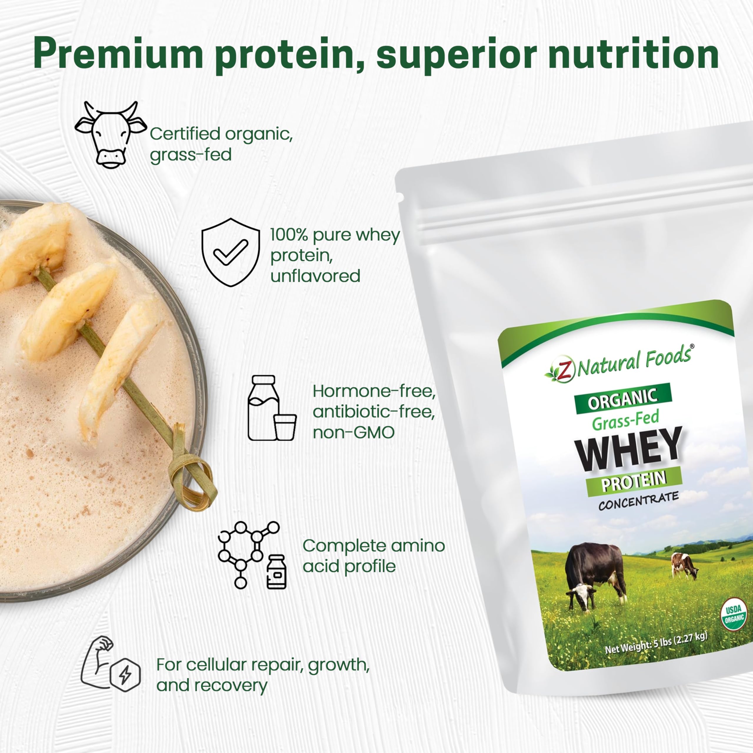 Z Natural Foods grass-fed whey concentrate label highlights purity and simple ingredients