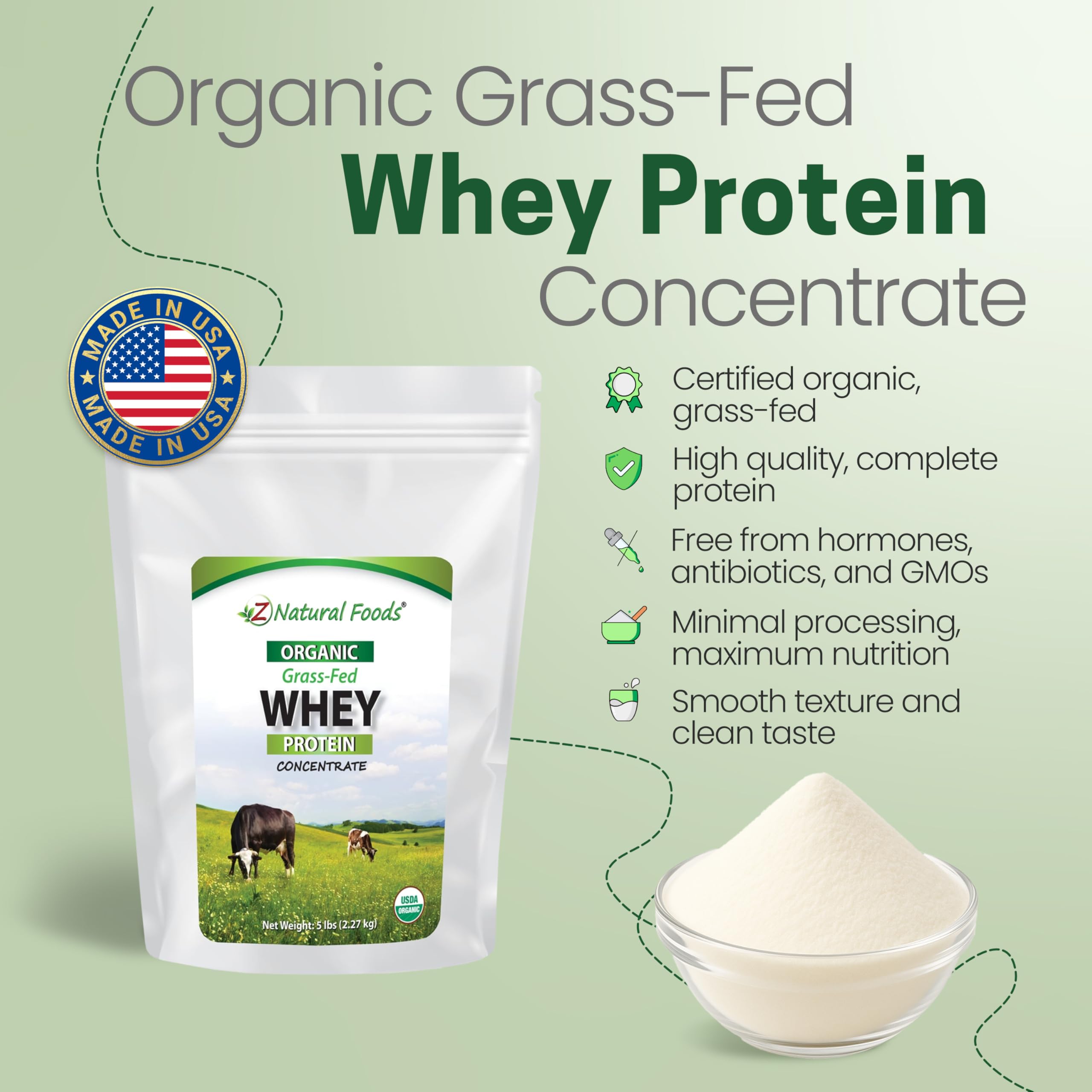 Z Natural Foods organic whey protein concentrate being mixed into a refreshing shake
