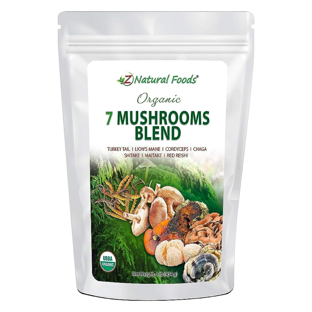 Z Natural Foods Sacred 7 Mushroom Blend bottle pour for a balanced morning routine.
