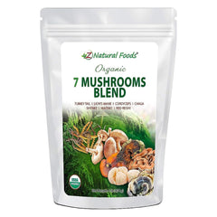 Z Natural Foods Sacred 7 Mushroom Blend bottle pour for a balanced morning routine.