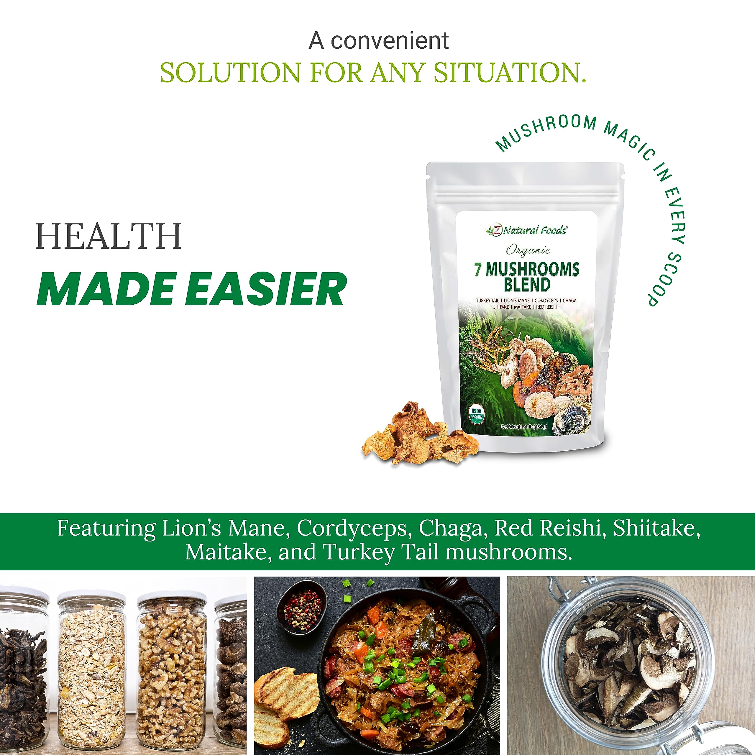 Z Natural Foods Sacred 7 Mushroom Blend closeup mushrooms showcases premium organic ingredients.
