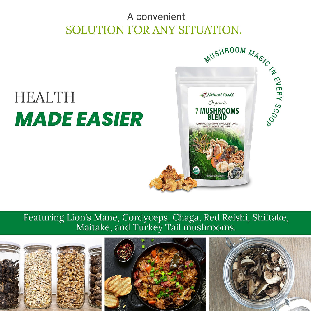 Z Natural Foods Sacred 7 Mushroom Blend closeup mushrooms showcases premium organic ingredients.