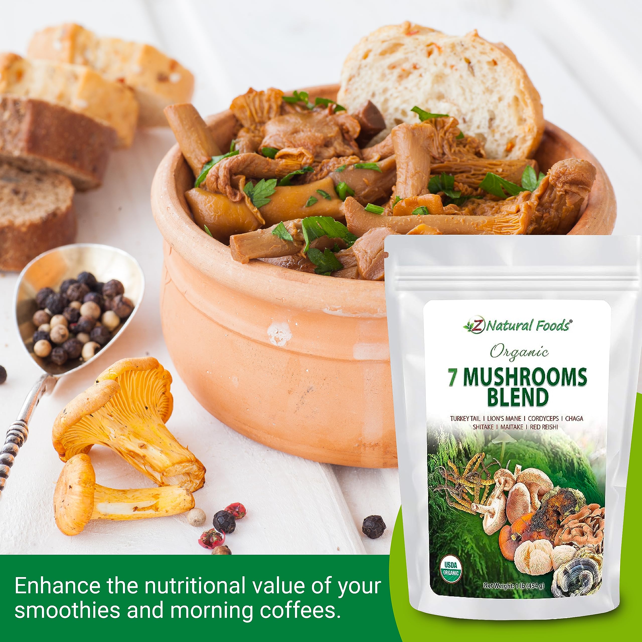 Z Natural Foods Sacred 7 Mushroom Blend organic label signals USDA organic and non-GMO quality.