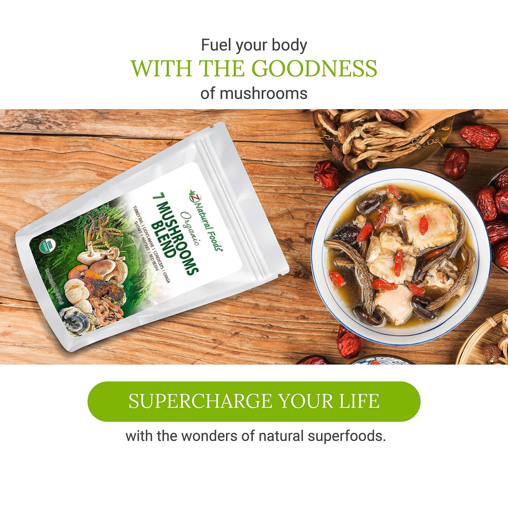 Z Natural Foods Sacred 7 Mushroom Blend smoothie glass highlights versatile everyday use.