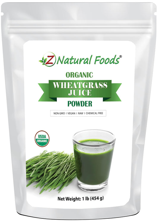 Z Natural Foods Wheat Grass Juice Powder bottle label highlights organic origin and quality.