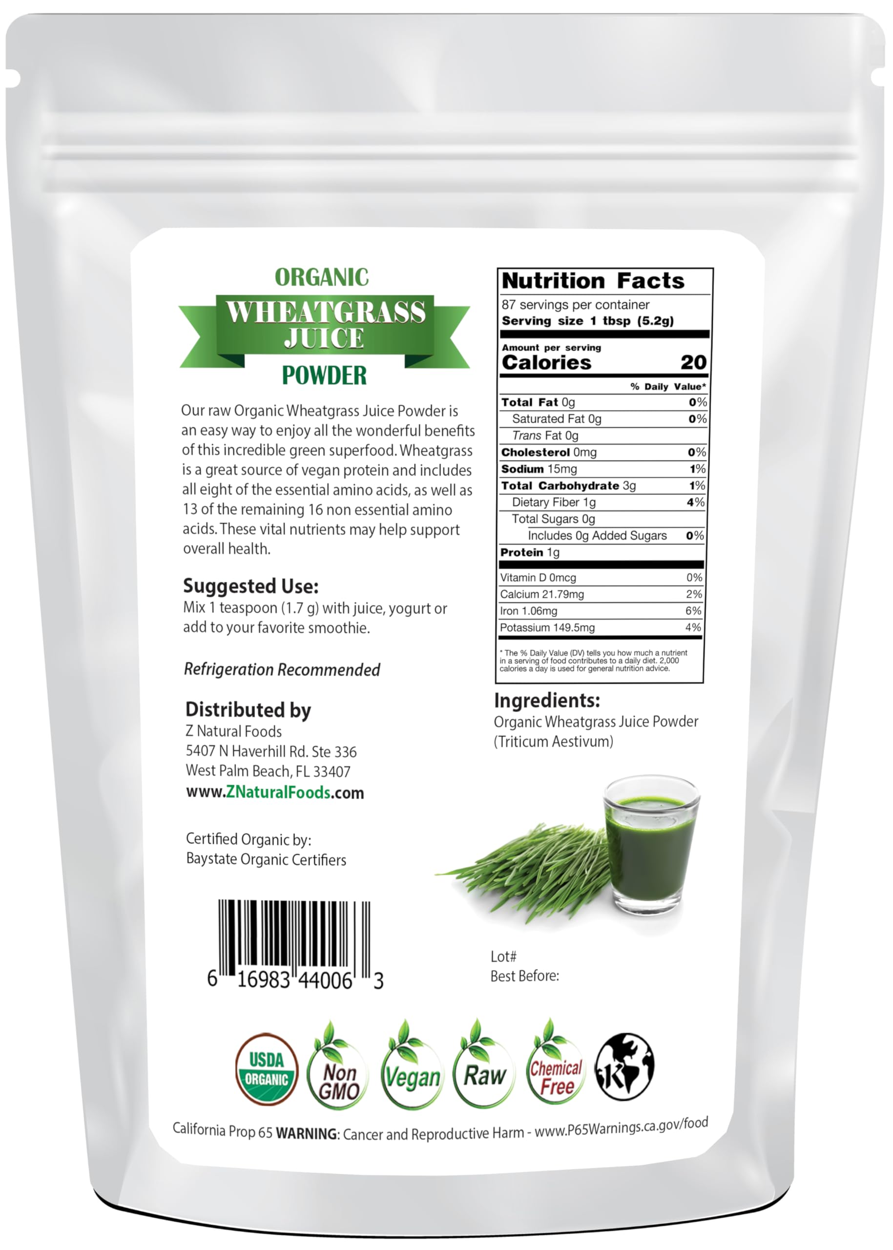 Z Natural Foods Wheat Grass Juice Powder pour into glass for daily boost.