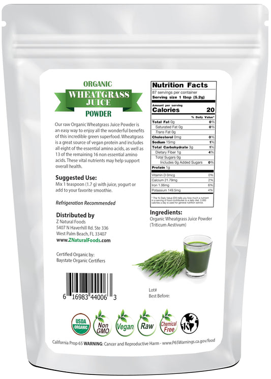 Z Natural Foods Wheat Grass Juice Powder pour into glass for daily boost.