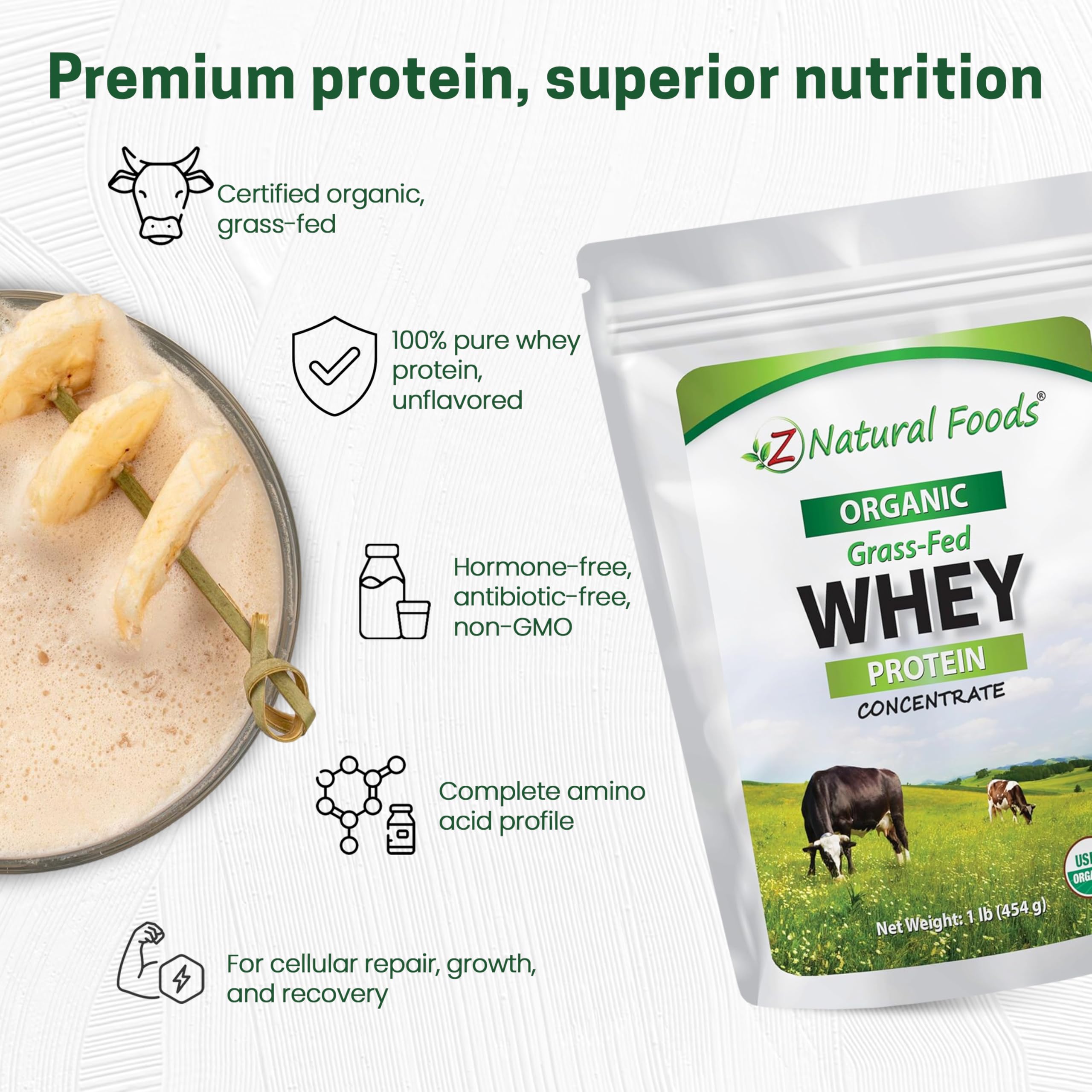 Z Natural Foods whey protein shake glass showing easy mixing and smooth texture.