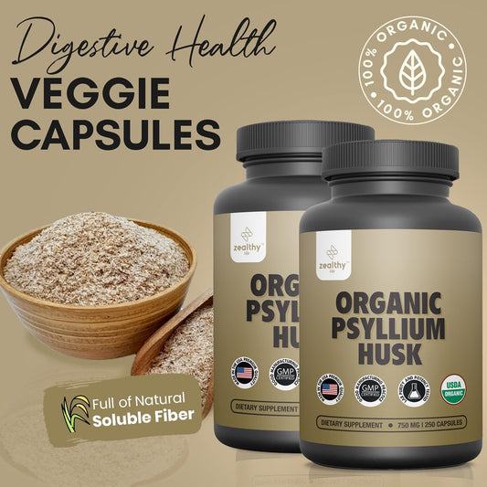 Z Zealthy Life Organic Psyllium Husk Capsules 750 mg closeup showing dosage