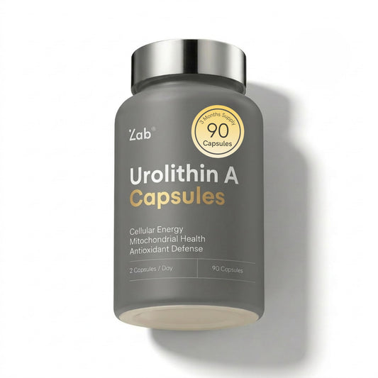 ZAB Urolithin A bottle side view highlighting premium packaging for daily use.