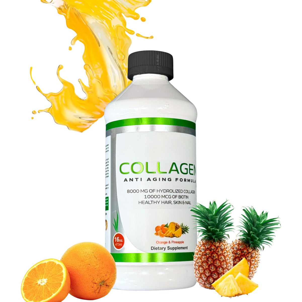 ZAFiNCO Pine'O'Range liquid collagen bottle for radiant skin and hair vitality.