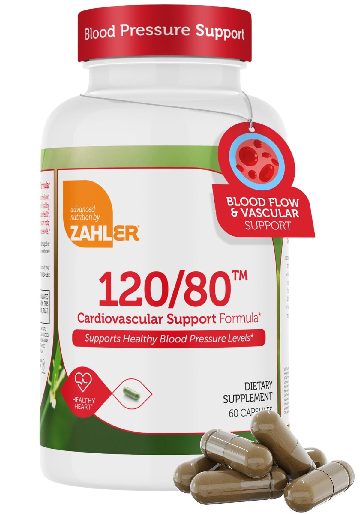 Zahler 120/80 blood pressure bottle front view supports daily cardiovascular routine.