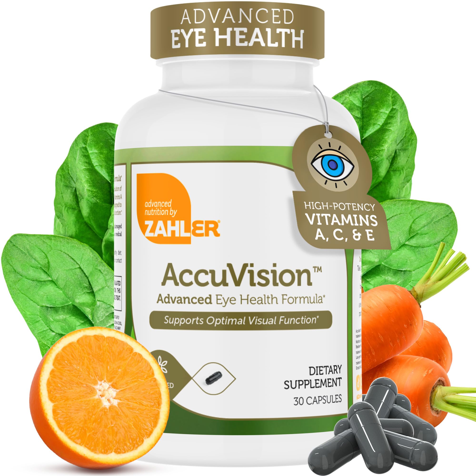 Zahler AccuVision bottle front showing 30 capsules for eye health support.