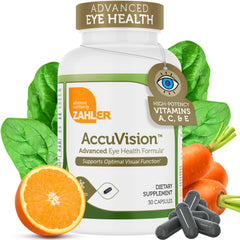 Zahler AccuVision bottle front showing 30 capsules for eye health support.