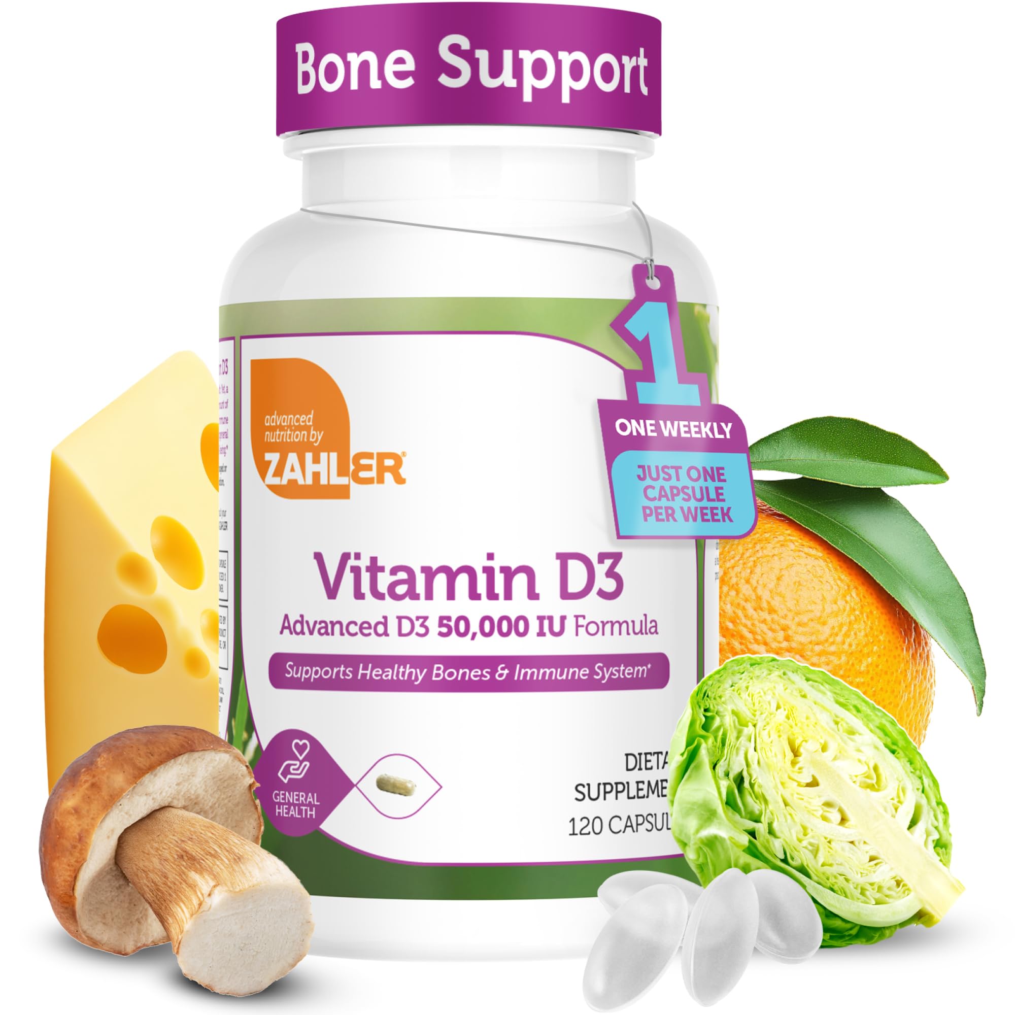 Zahler Advanced Vitamin D3 50,000 IU bottle for weekly bone and immune support.