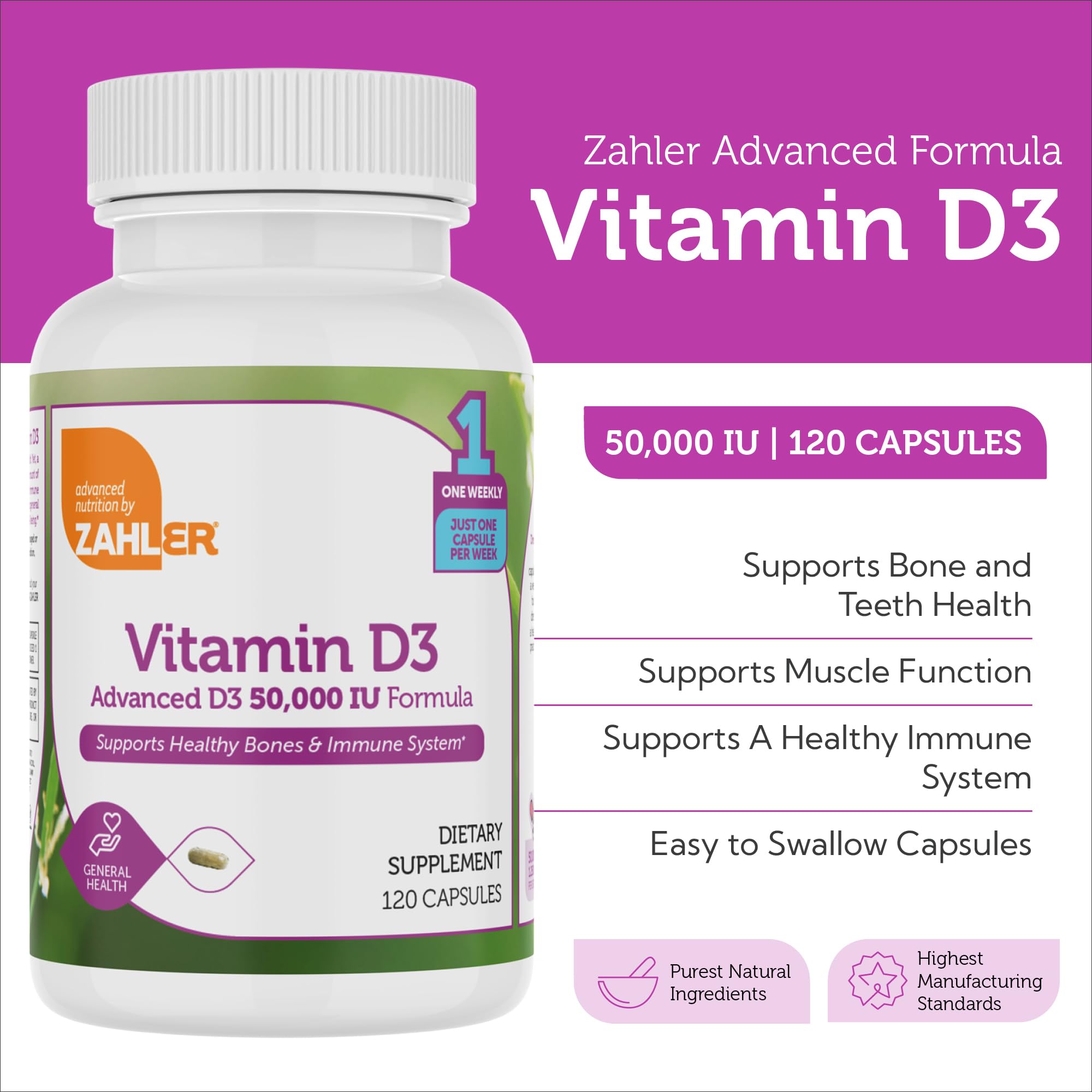Zahler Vitamin D3 capsules close-up showing small, easy-to-swallow softgels.