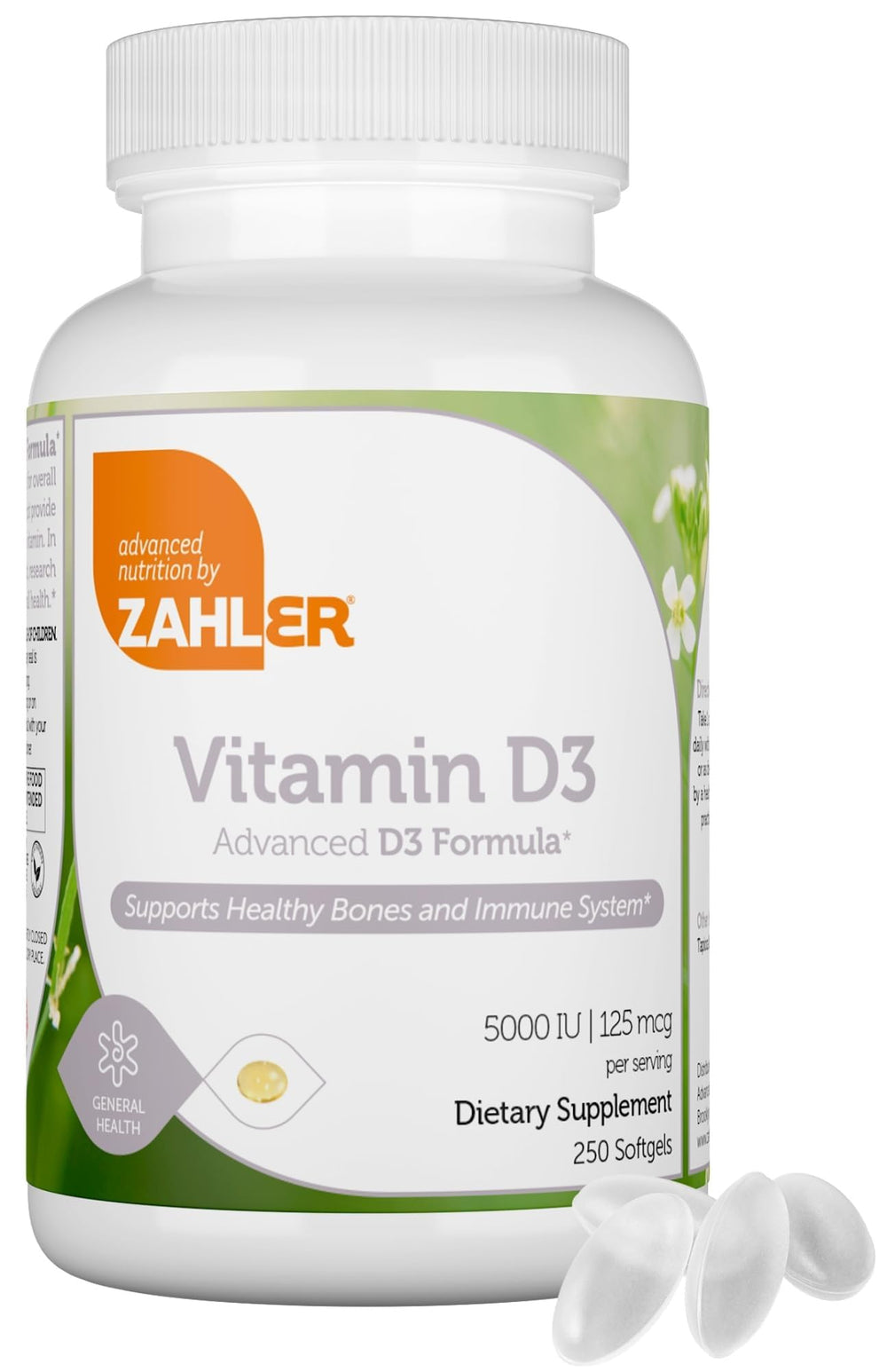 Zahler Advanced Vitamin D3 5000 IU bottle front for daily immune and bone health support.