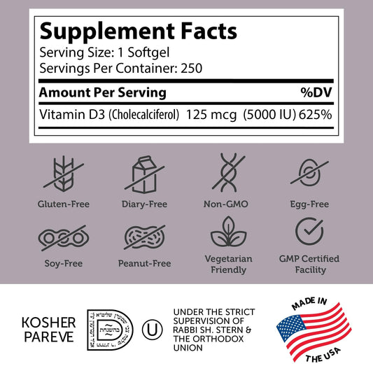 Zahler Advanced Vitamin D3 5000 IU bottle side showing high potency daily option.