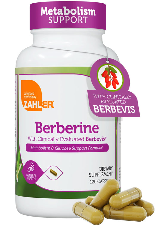 Zahler Berberine bottle displaying Berbevis complex supports glucose management.