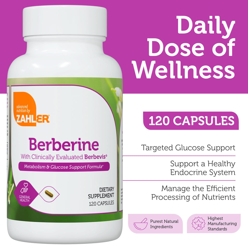 Close-up of Zahler Berberine capsules showing Berbevis and Berberine HCl.