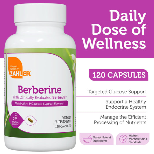 Close-up of Zahler Berberine capsules showing Berbevis and Berberine HCl.