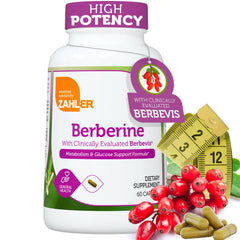 Zahler Berberine Berbevis Complex bottle highlighting absorption and glucose support.
