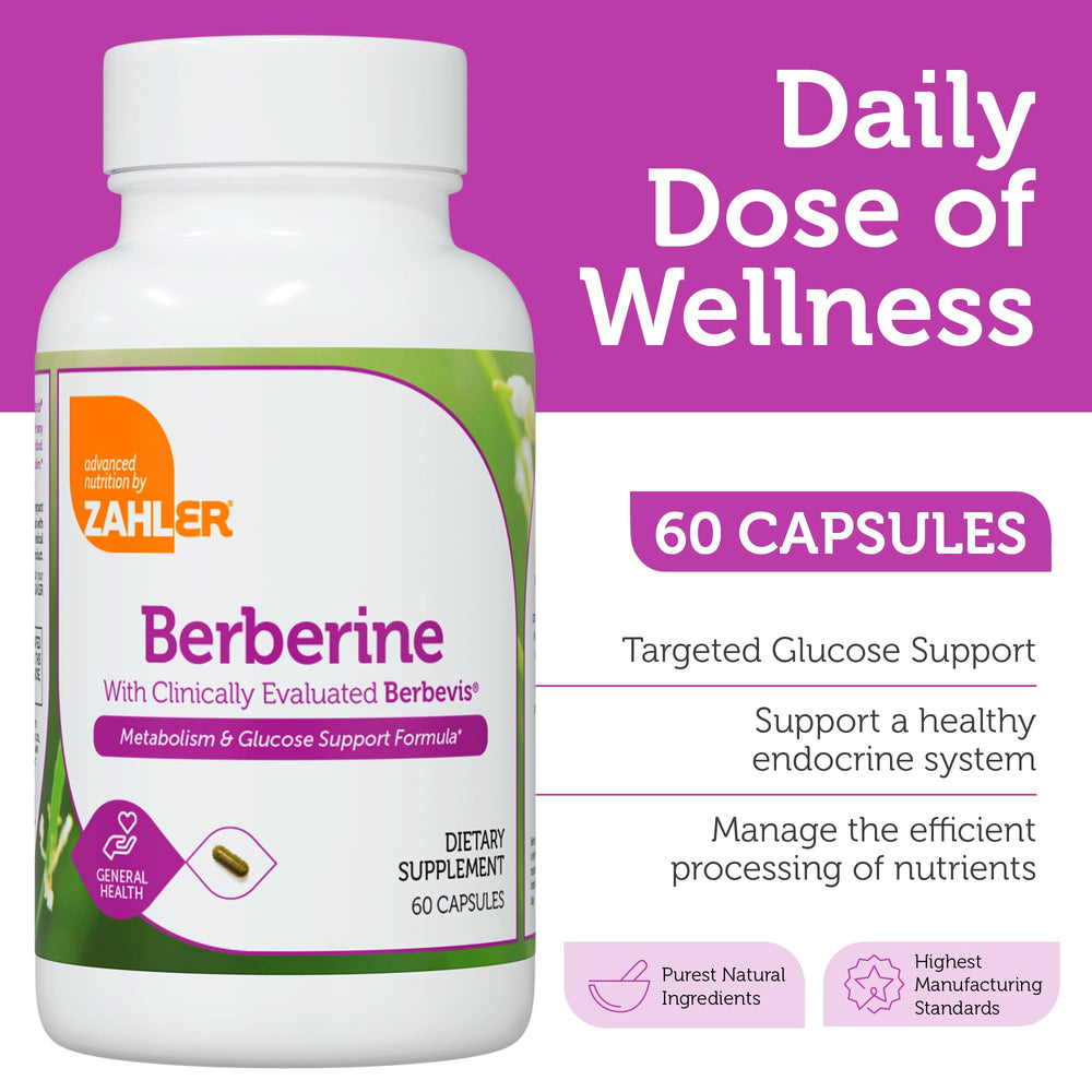 Zahler Berberine capsules beside water for daily use.