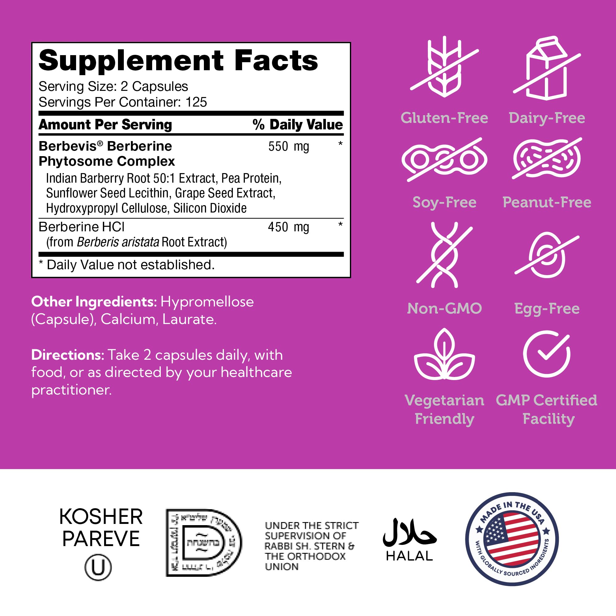 Zahler Berberine supplement with vegetarian and kosher ingredients.