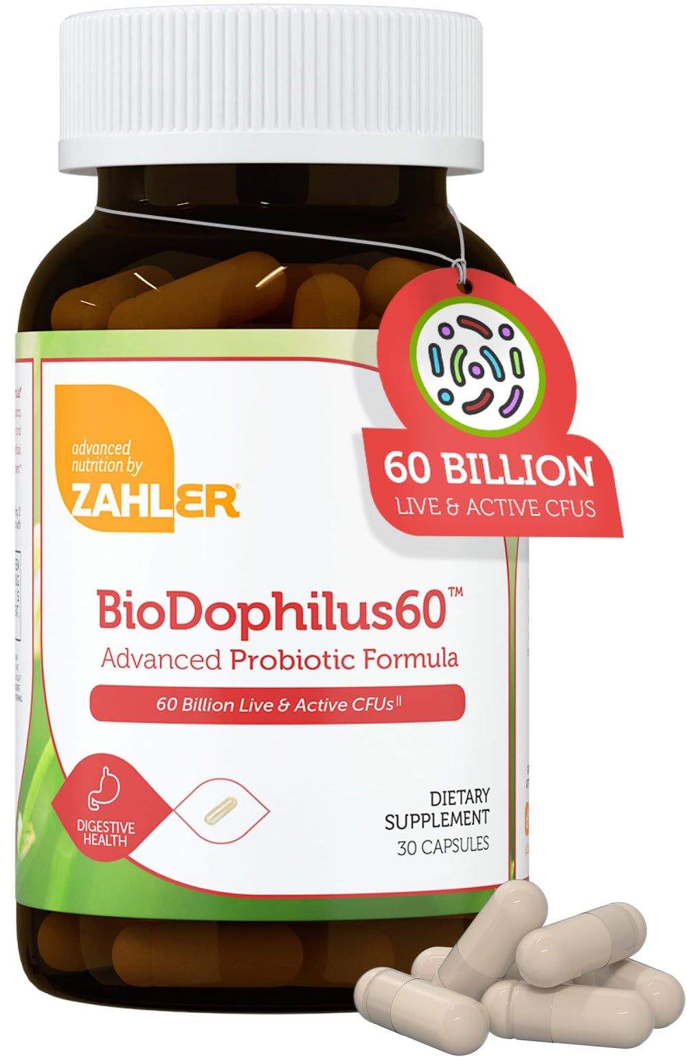 Zahler Biodophilus bottle on shelf with 60 billion cultures for digestive support.