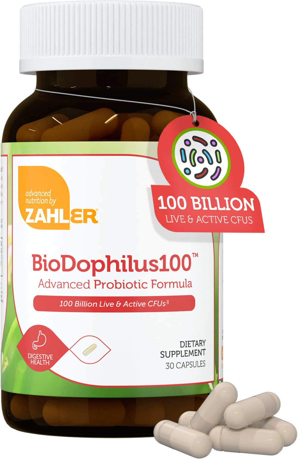 Zahler BioDophilus100 bottle front showing high-potency probiotic for gut balance